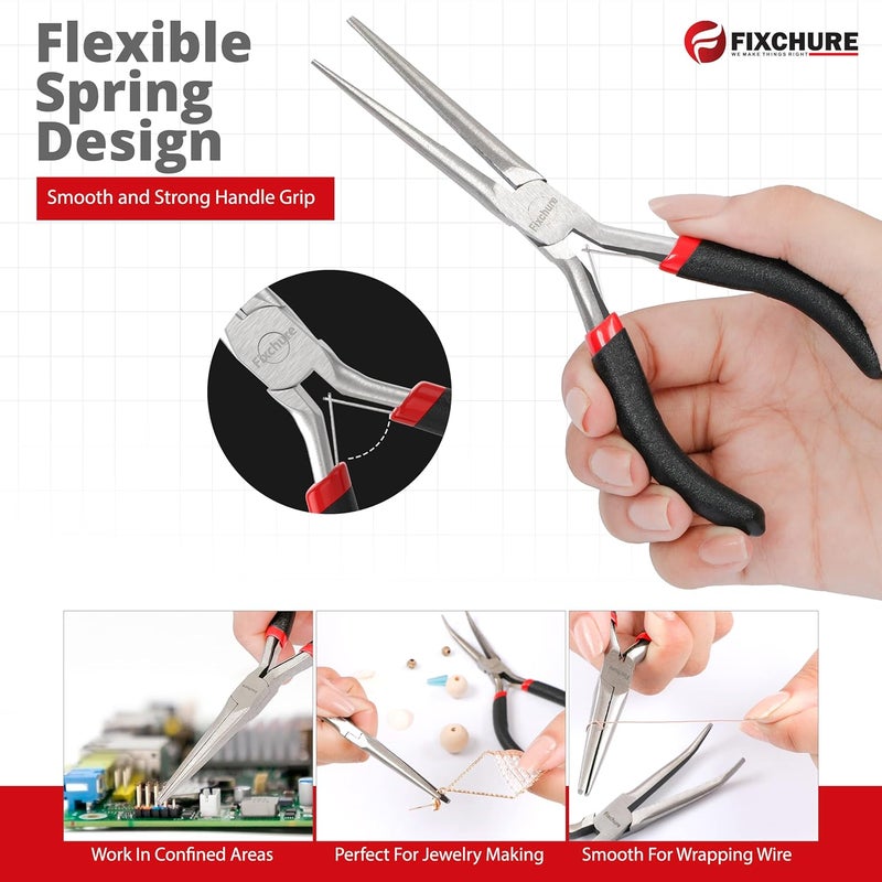 Fixchure كماشة أنف إبرة 2 قطعة 6 بوصة - فولاذ كربوني ثقيل، معزولة، غير مسننة، كماشة أنف طويلة مع طلاء PVC وتشطيب مقاوم للصدأ - Image 4